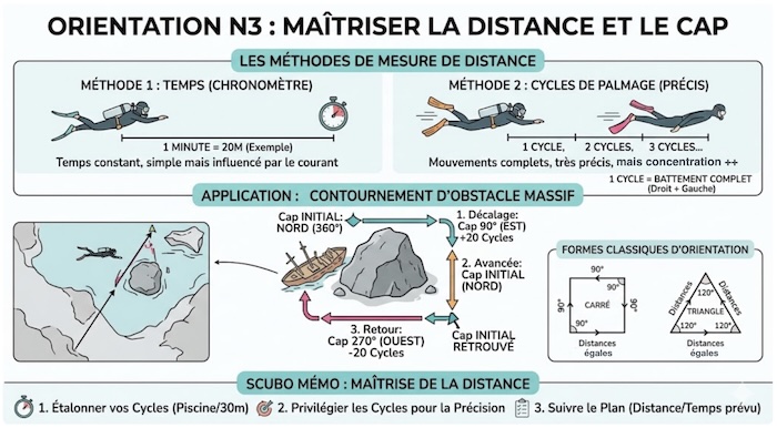 Schéma d'orientation sous-marine avec mesure de distance